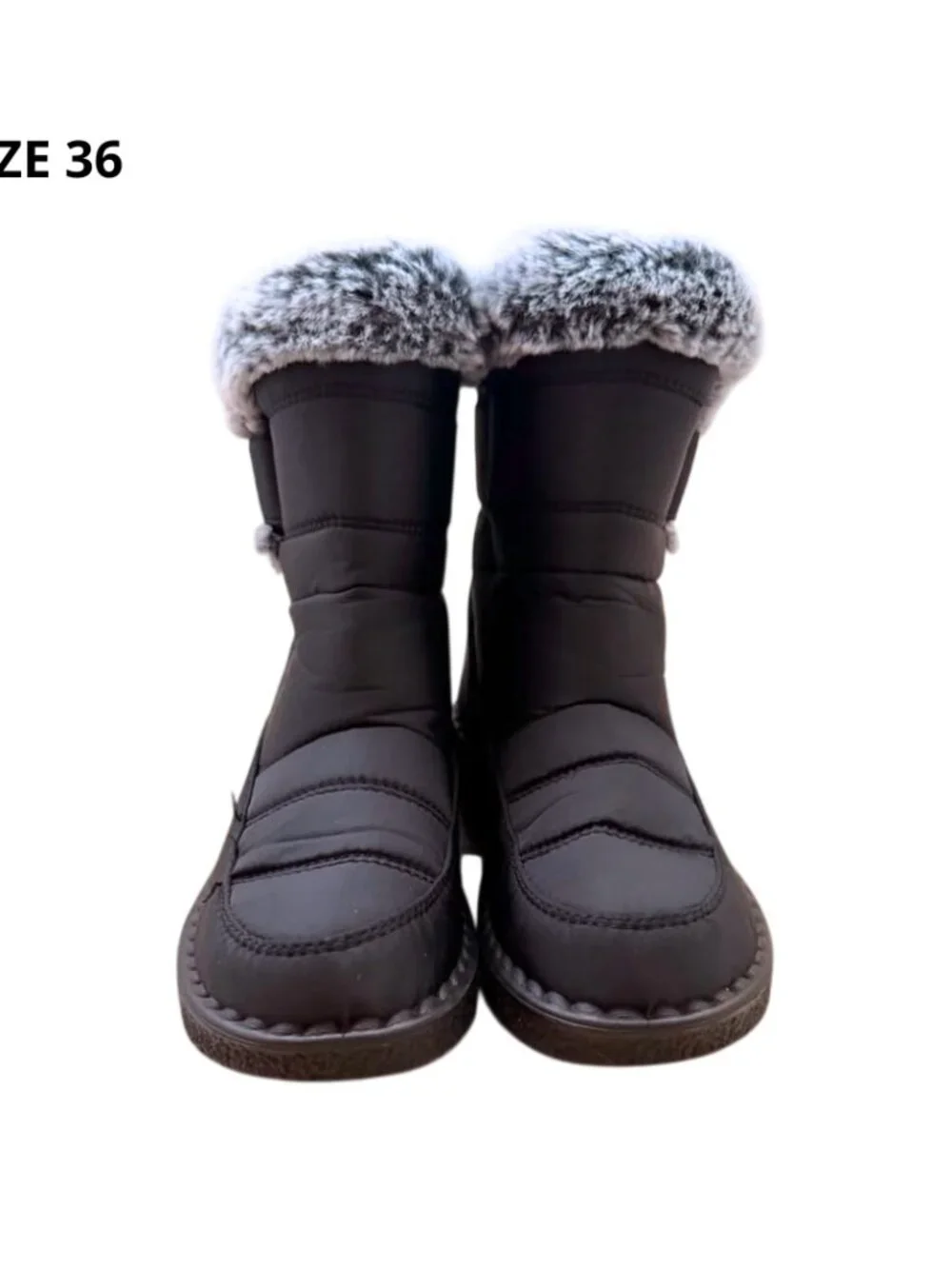 Black Quilted Winter Snow Boots Faux Fur Trim Shoes Size US 5.5 / EU 36